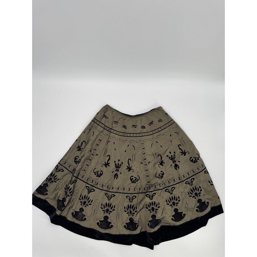 MSK Velvet Trim Swing Skirt Women's Large Marsh Green Black Floral Pull-On Boho